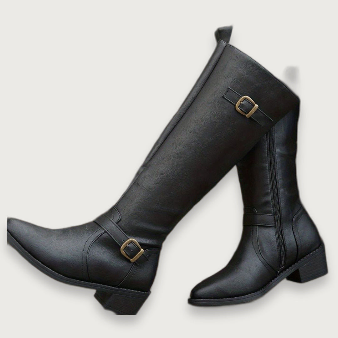 Women's Knee-High Riding Boots, Low Heel Tall Boots with Antique Gold Buckle Straps and Zip