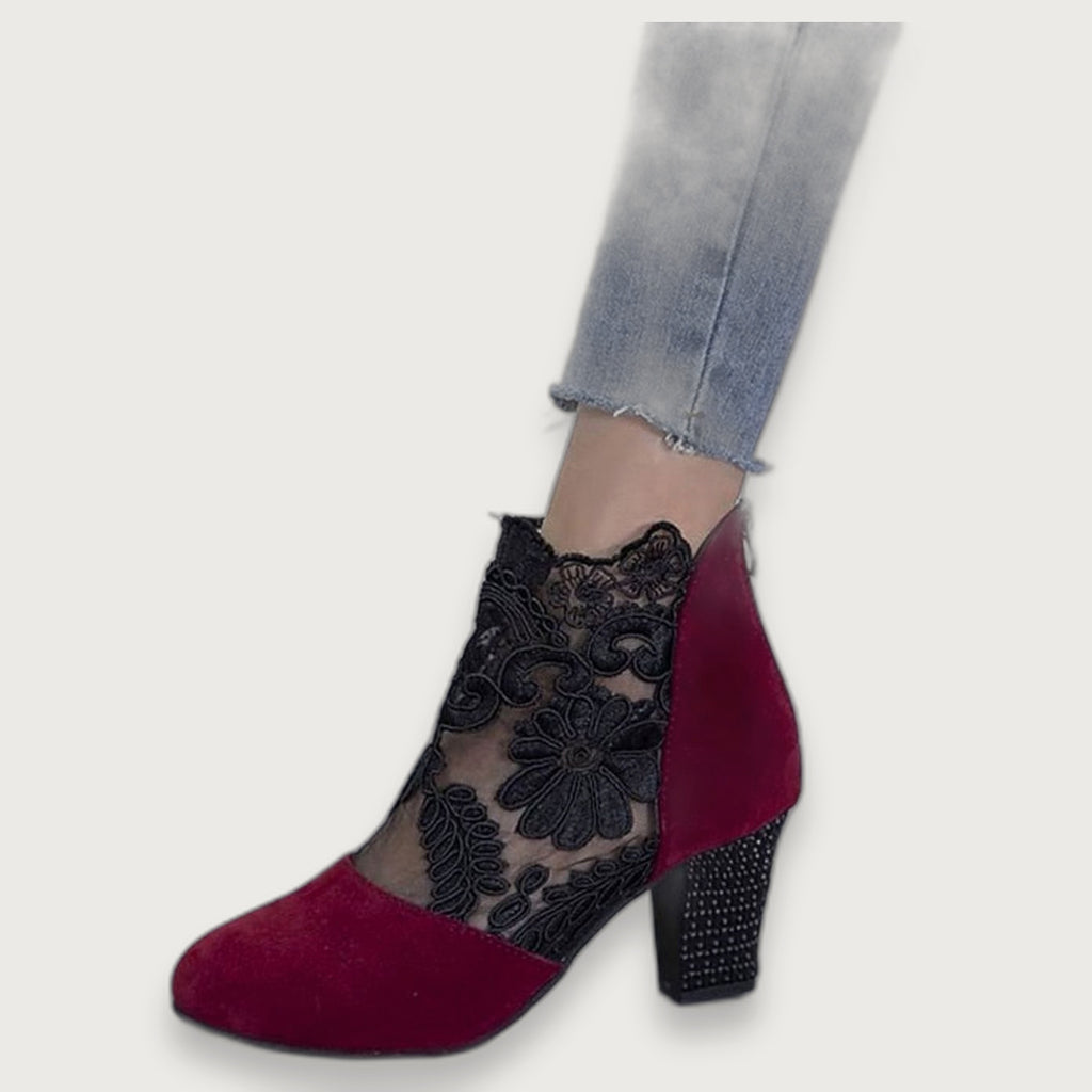 Women's Lace Overlay Block Heel Ankle Boots, Suede Panel Back Zip Booties