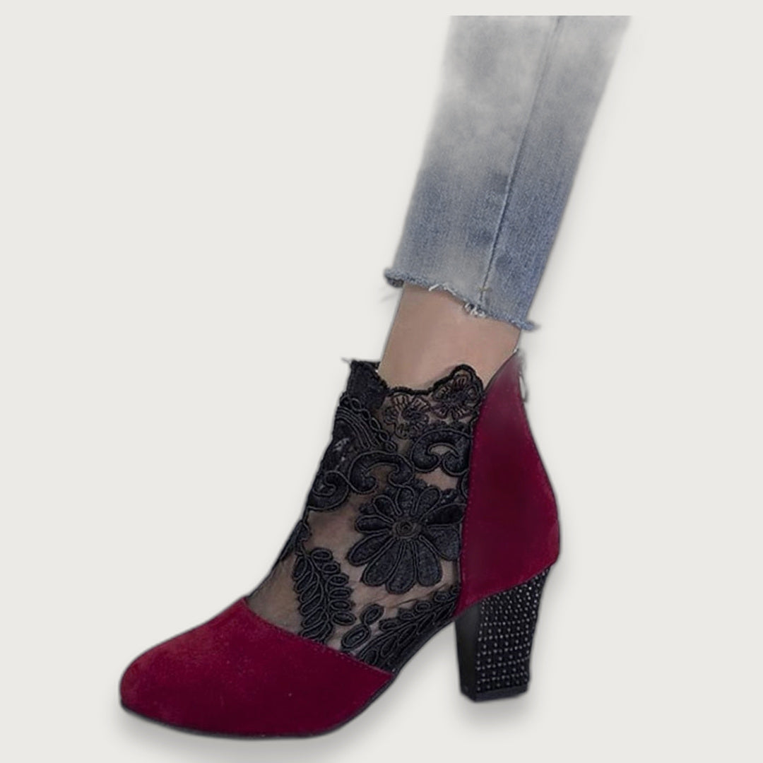 Women's Lace Overlay Block Heel Ankle Boots, Suede Panel Back Zip Booties