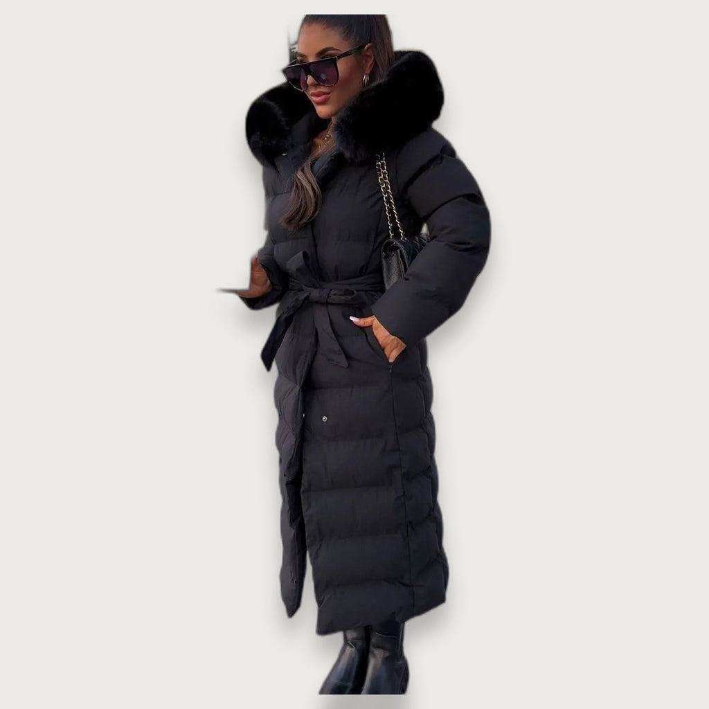 Women's Long Puffer Coat with Faux Fur Hood, Belted Quilted Maxi Winter Coat