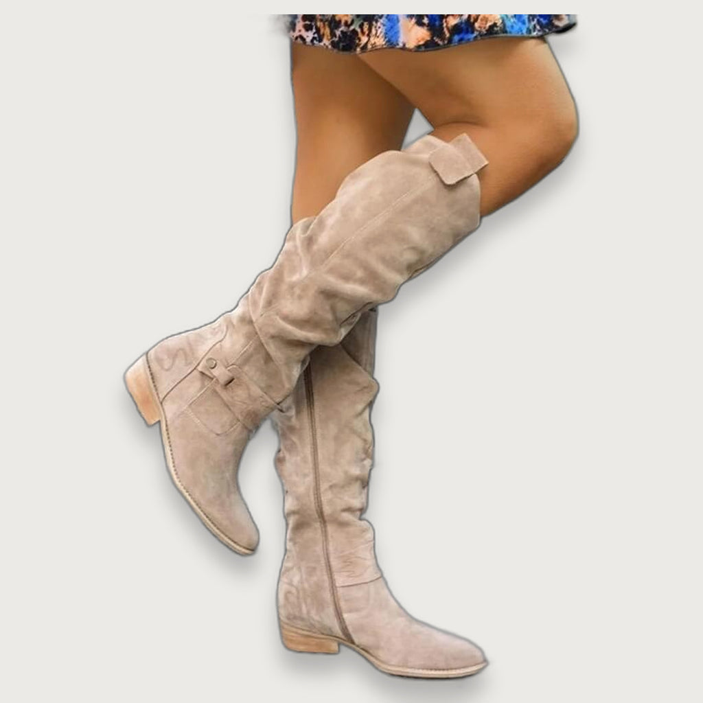 Women's Suede Knee High Boots, Classic Slouch Boots with Side Buckle and Low Stack Heel