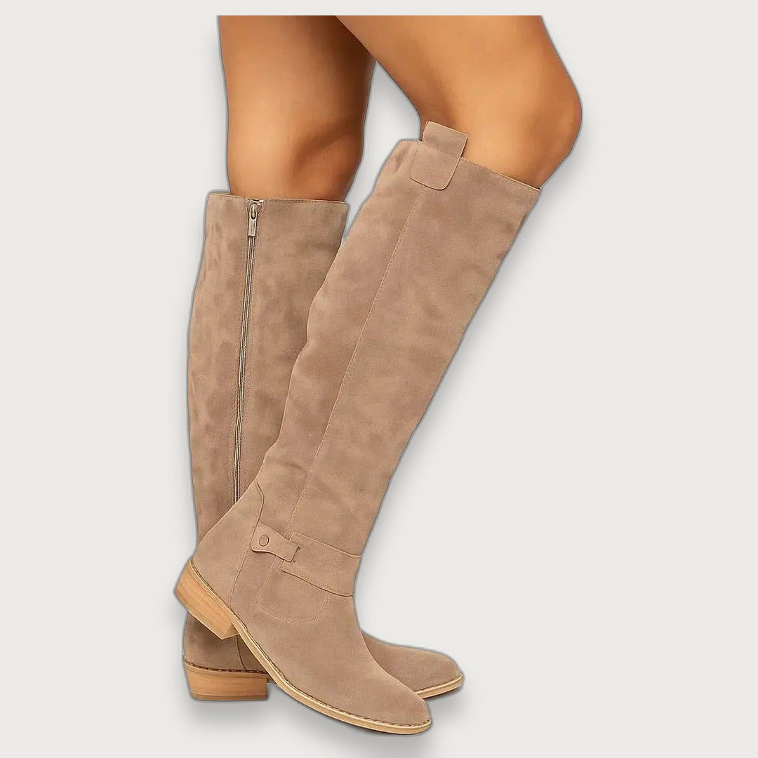 Women's Side Zip Suede Knee High Boots, Low Block Heel Tall Boots with Non-Slip Sole