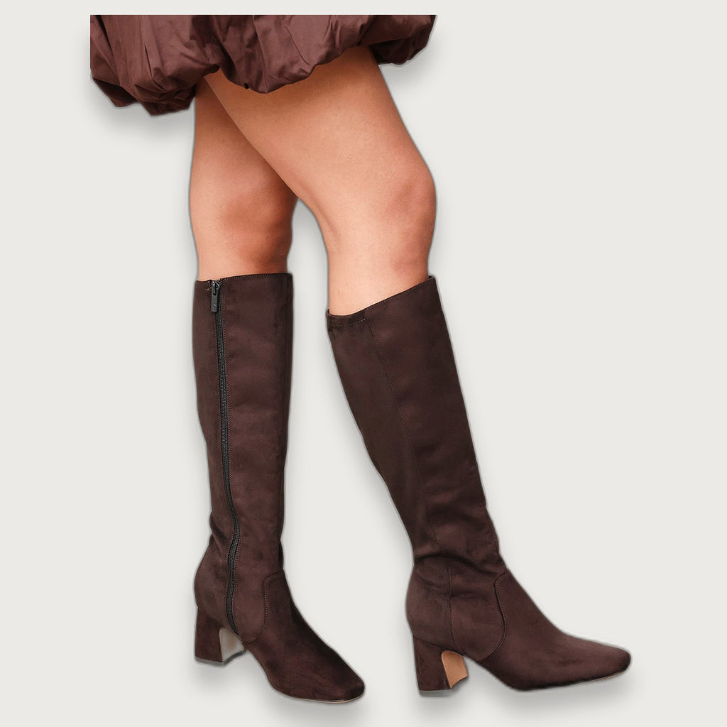 Women's Stretch Faux Suede Knee High Boots, Square Toe 6.5 cm Block Heel Full-Length Zip
