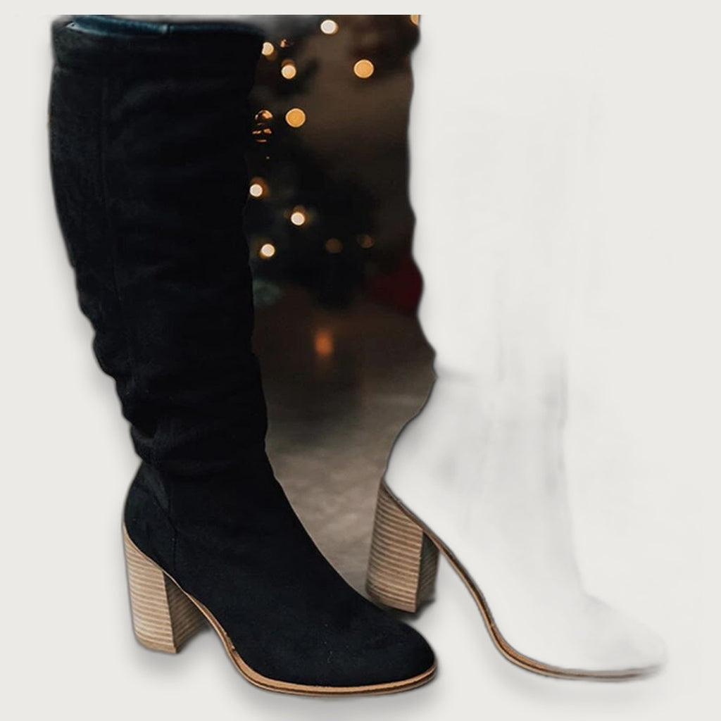 Women's Stacked Heel Suede Knee High Boots, Round Toe Boots for Work and Evenings Out
