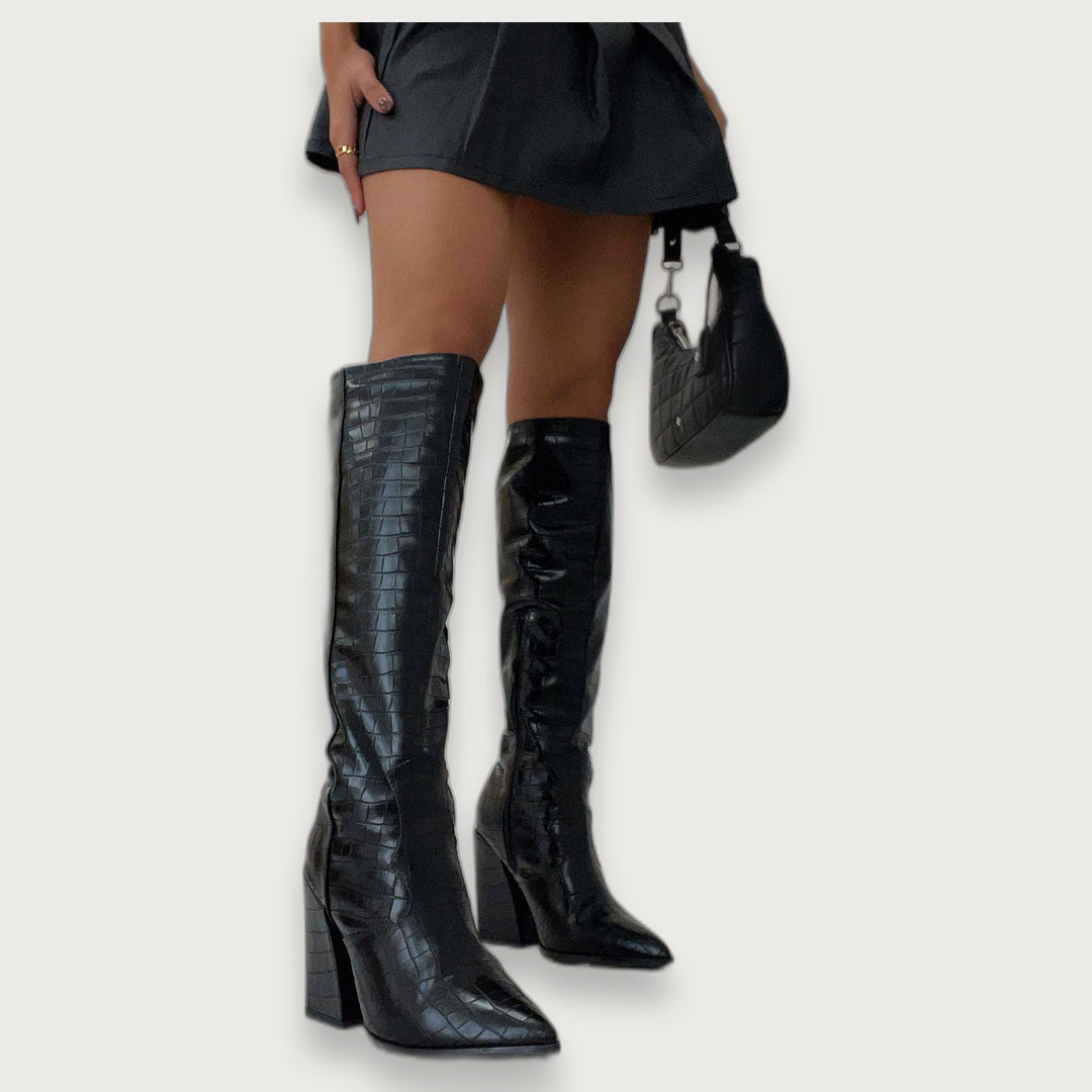 Women's Croc-Embossed Knee High Boots, Pointed Toe Block Heel Statement Boots