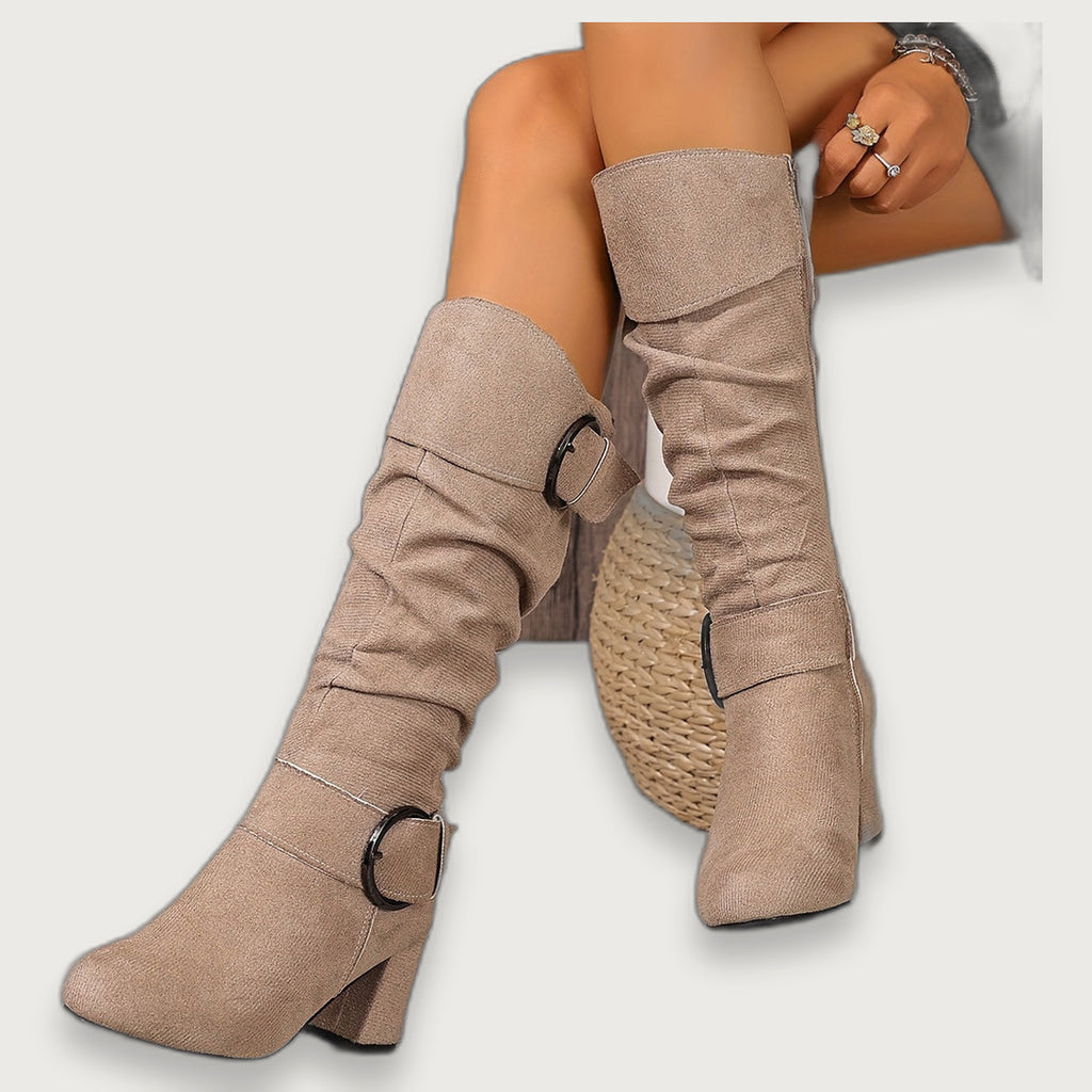 Women's Knee-High Slouch Boots with Double Buckle Straps, Side Zip Block Heel