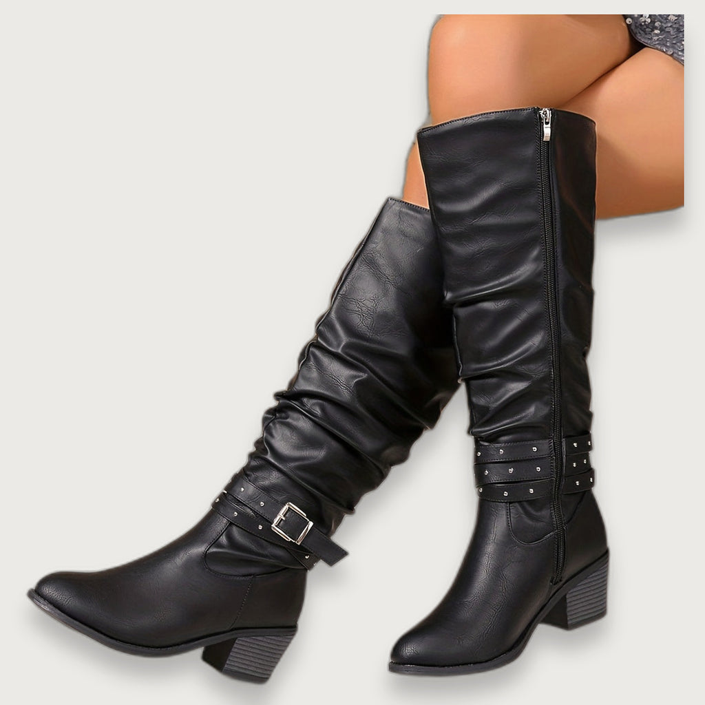 Women's Slouch Knee High Boots with Buckle Strap, Gathered Shaft Rounded Toe Boots