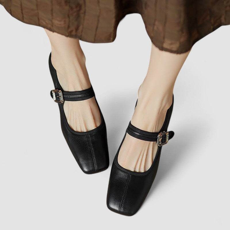 Women's Orthopedic Mary Jane Shoes - Square Toe Leather Chunky Heels