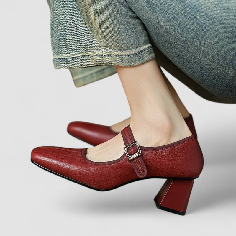 Women's Orthopedic Mary Jane Shoes - Square Toe Leather Chunky Heels