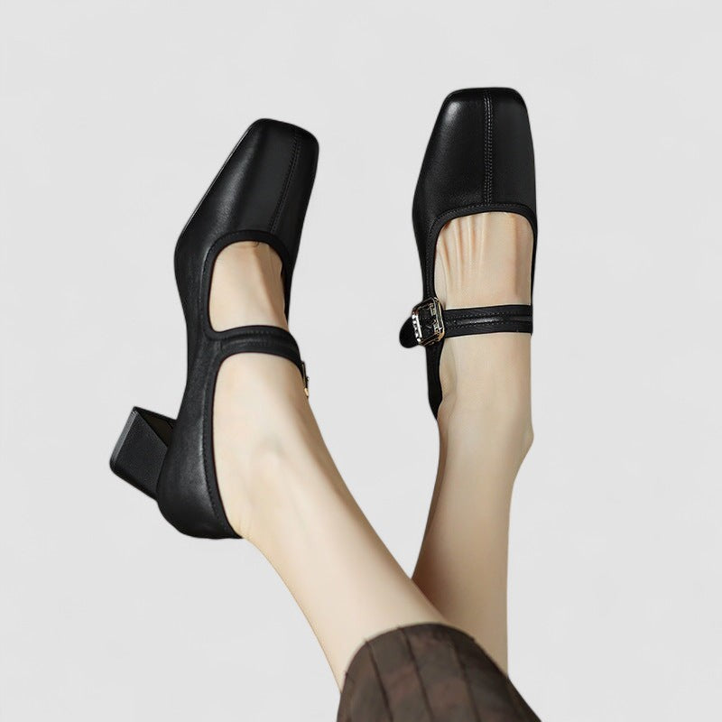 Women's Orthopedic Mary Jane Shoes - Square Toe Leather Chunky Heels