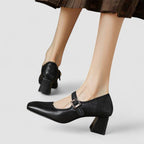 Women's Orthopedic Mary Jane Shoes - Square Toe Leather Chunky Heels