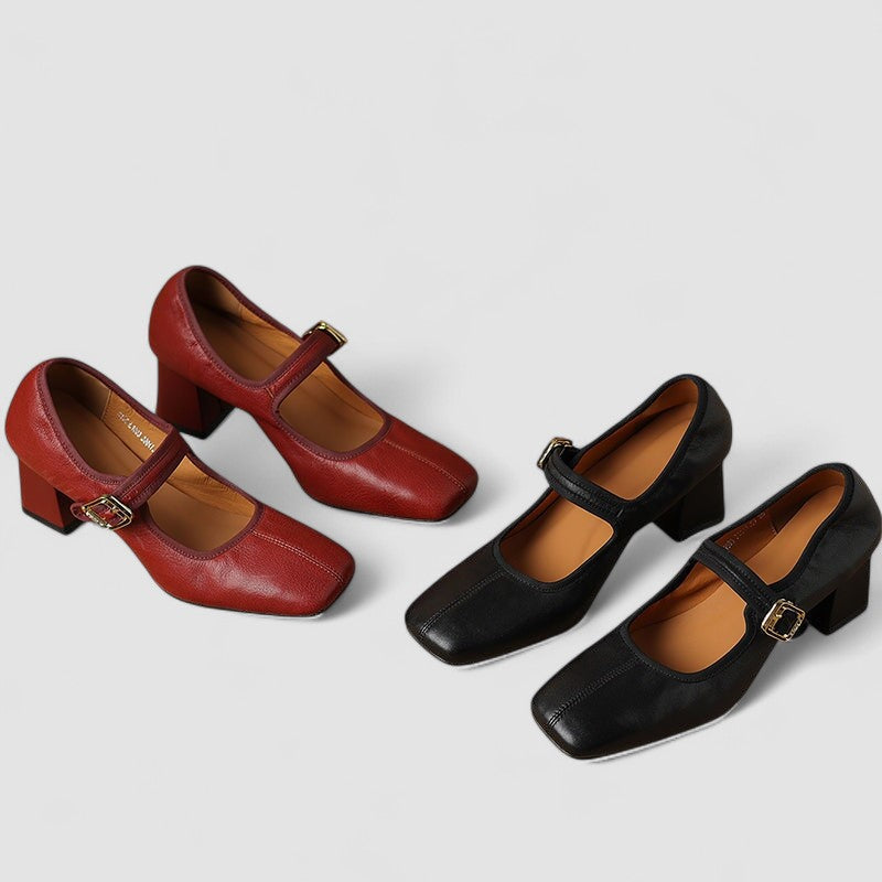 Women's Orthopedic Mary Jane Shoes - Square Toe Leather Chunky Heels