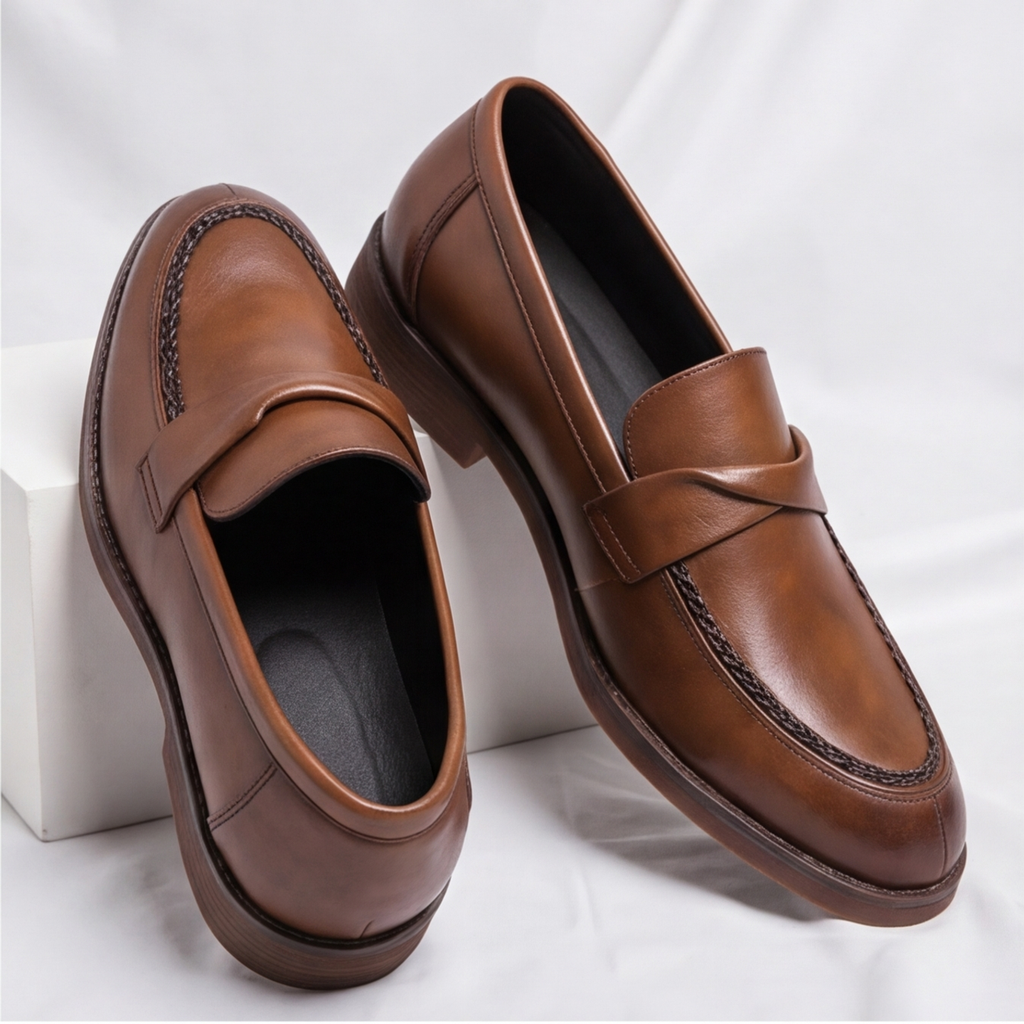 Men's Penny Leather Loafers with Platformed Sole - Pointed Toe Shoes