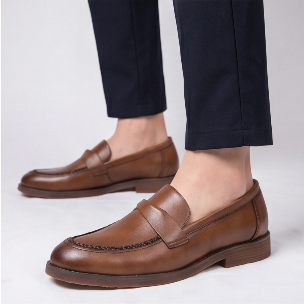 Men's Penny Leather Loafers with Platformed Sole - Pointed Toe Shoes