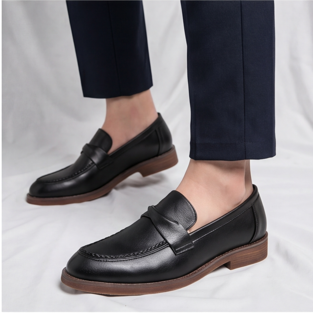 Men's Penny Leather Loafers with Platformed Sole - Pointed Toe Shoes