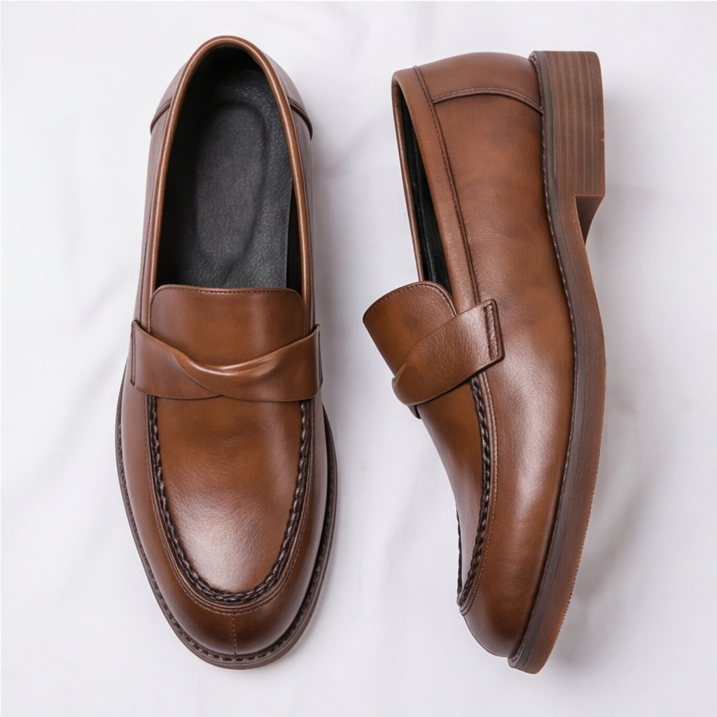 Men's Penny Leather Loafers with Platformed Sole - Pointed Toe Shoes