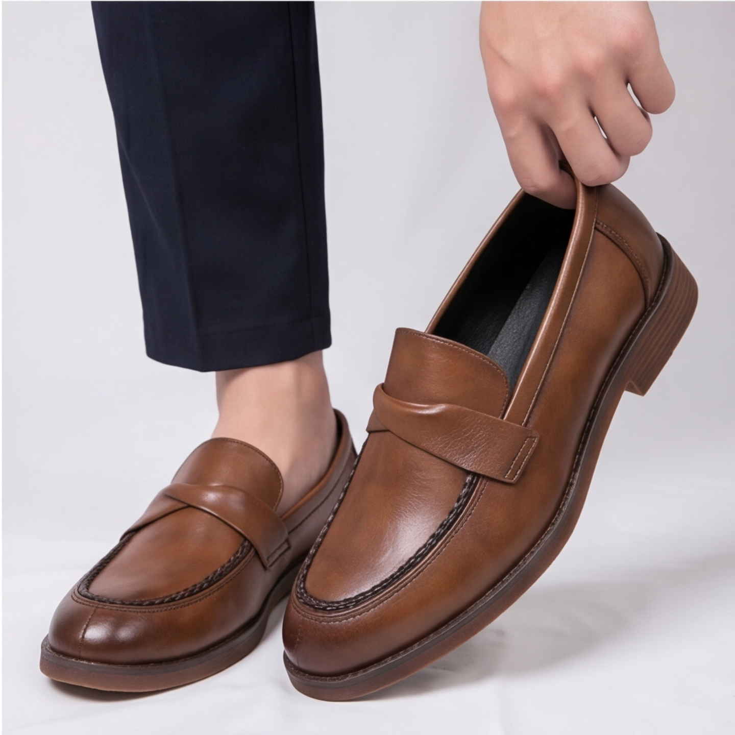 Men's Penny Leather Loafers with Platformed Sole - Pointed Toe Shoes