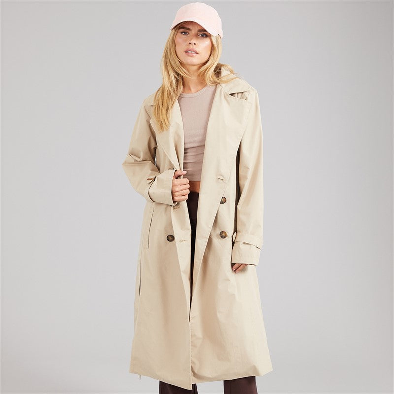 Women's Trench Coat, Double Breasted Belted Midi Trench Coat – Stone