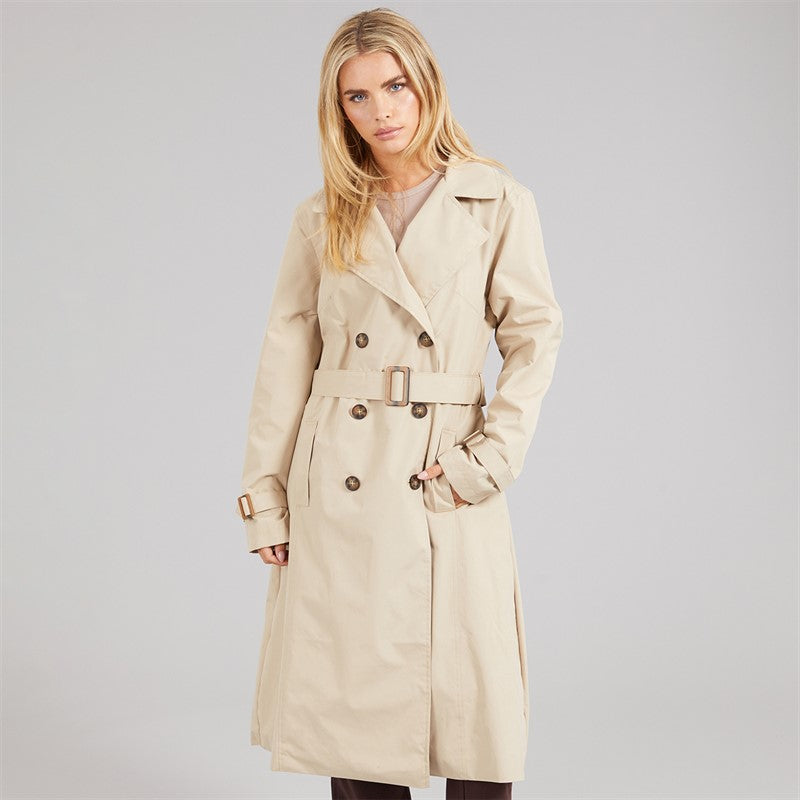 Women's Trench Coat, Double Breasted Belted Midi Trench Coat – Stone