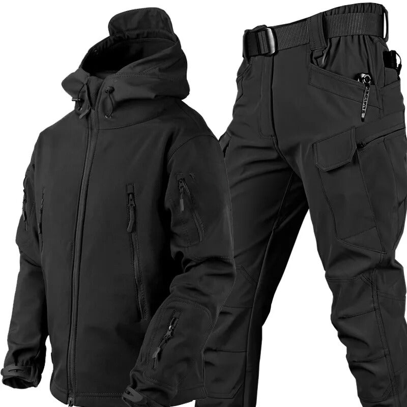 Men's Waterproof Outdoor Set, Windproof Fleece-Lined Hooded Jacket and Cargo Trousers