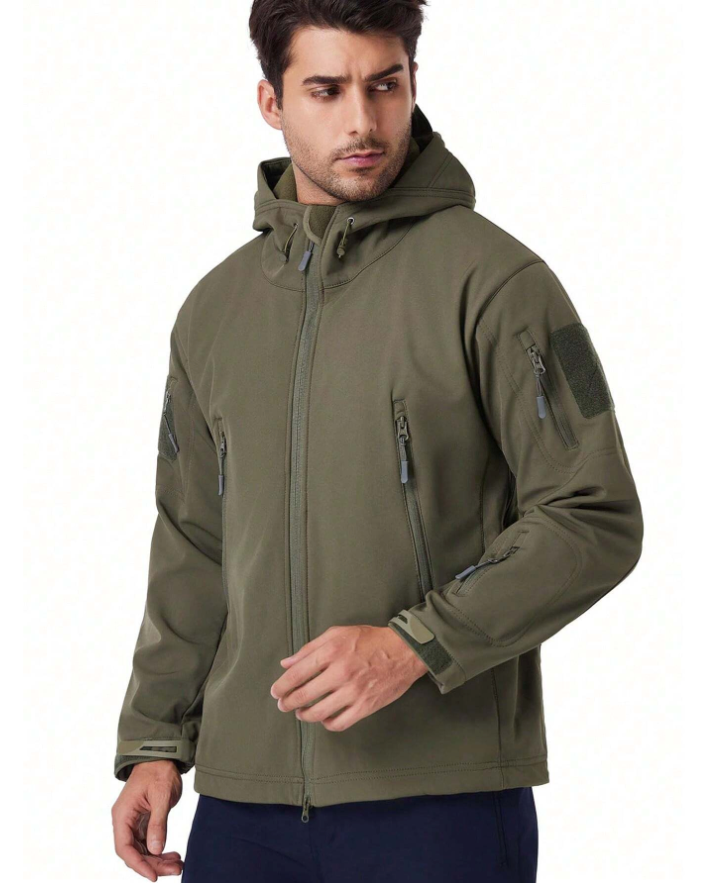 Men's Waterproof Outdoor Set, Windproof Fleece-Lined Hooded Jacket and Cargo Trousers