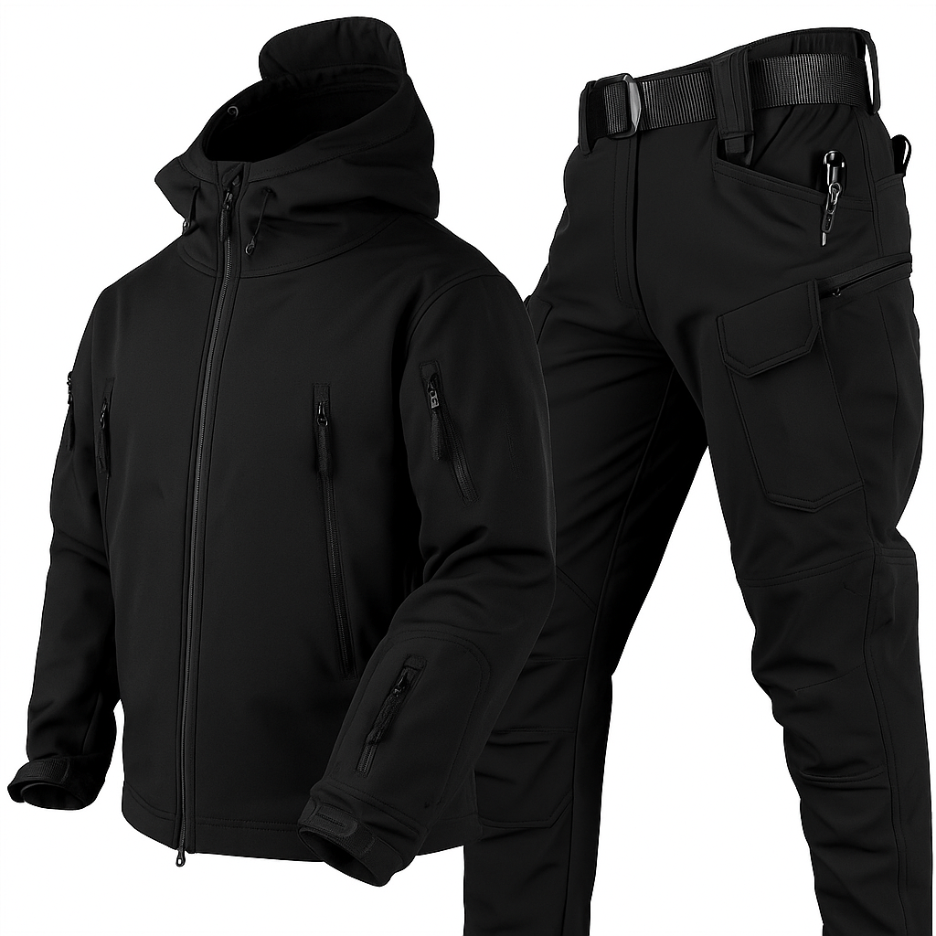 Men's Waterproof Outdoor Set, Windproof Fleece-Lined Hooded Jacket and Cargo Trousers