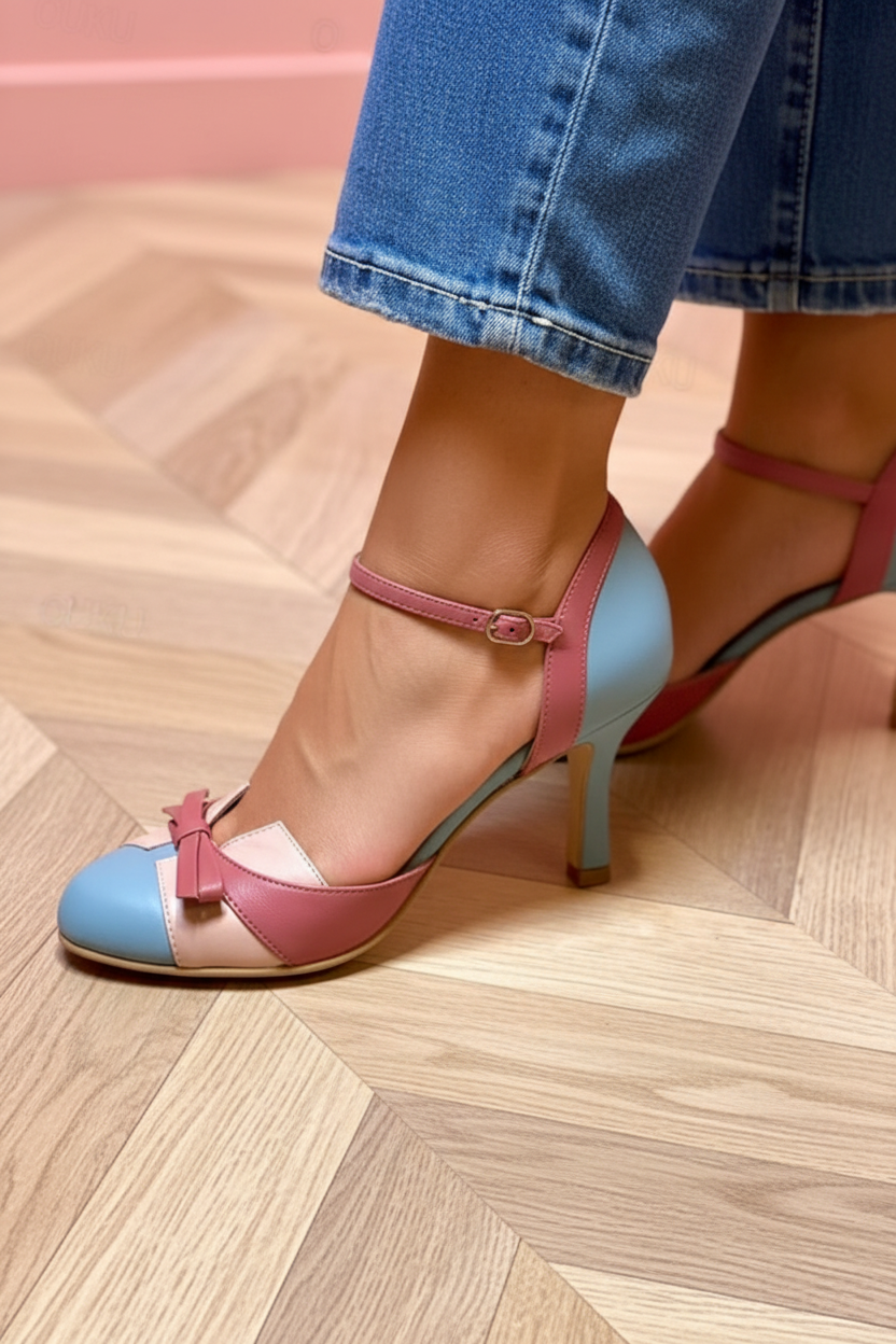 Women’s Two-Tone Bow Heel Sandals – Elegant Ankle Strap Mid Heel Pumps