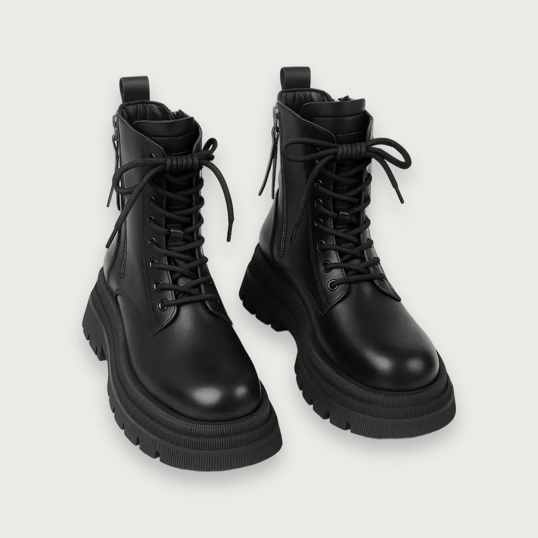 Women's Black Lace Up Chunky Platform Ankle Boots
