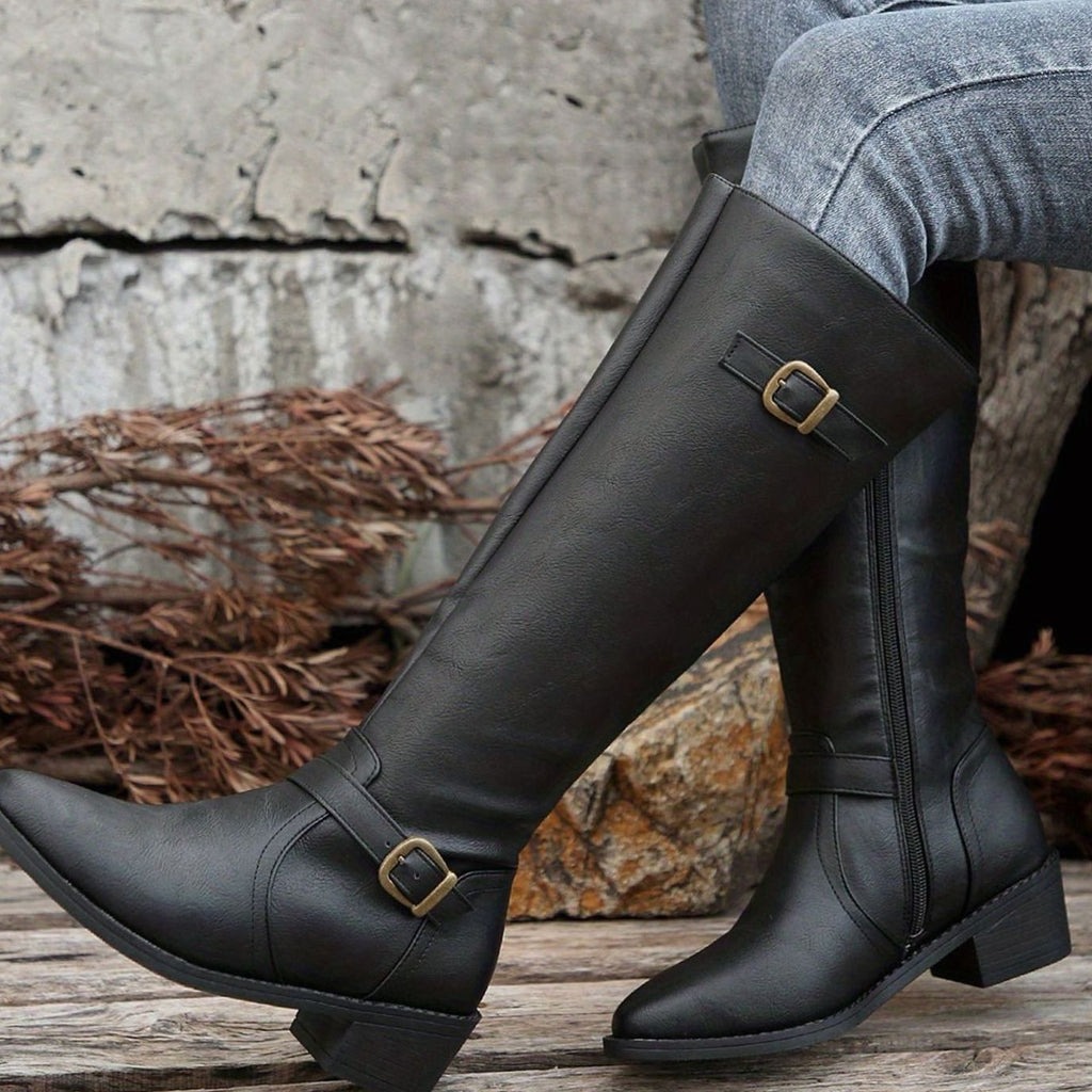Women's Knee-High Riding Boots, Low Heel Tall Boots with Antique Gold Buckle Straps and Zip