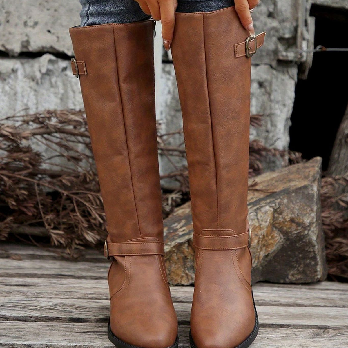 Women's Knee-High Riding Boots, Low Heel Tall Boots with Antique Gold Buckle Straps and Zip