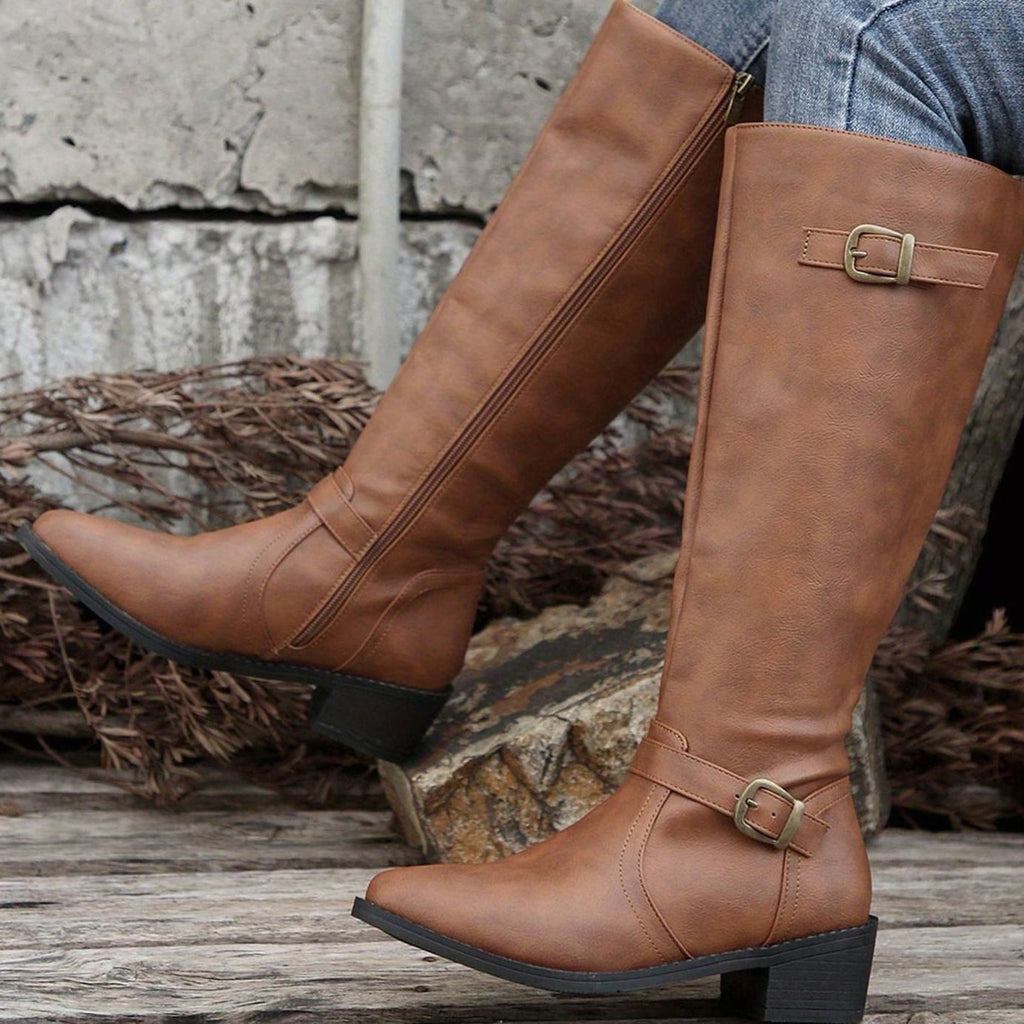 Women's Knee-High Riding Boots, Low Heel Tall Boots with Antique Gold Buckle Straps and Zip