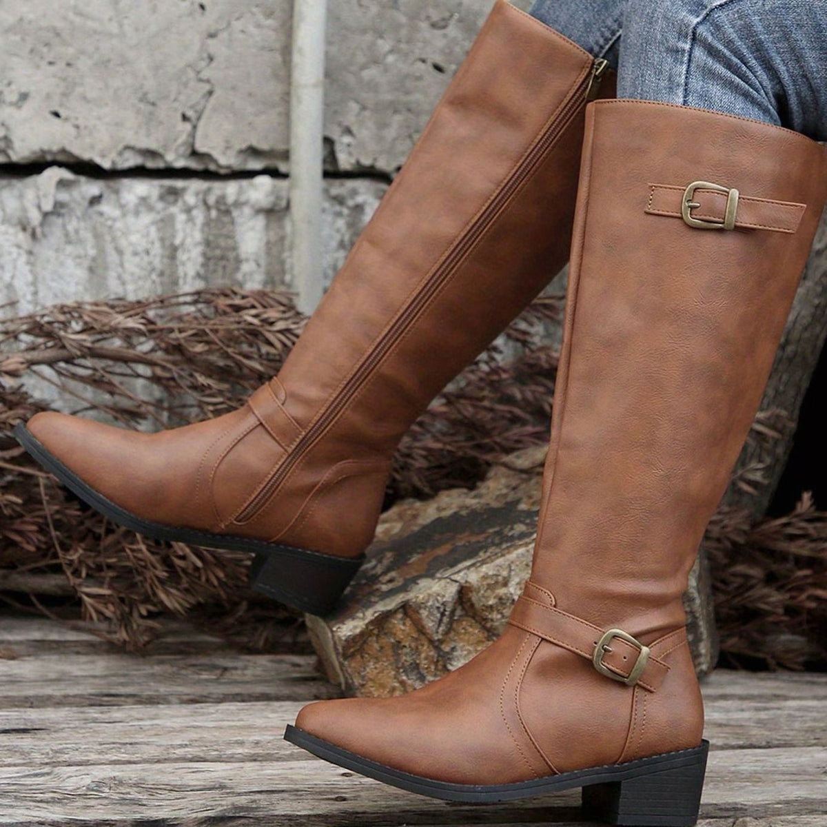 Women's Knee-High Riding Boots, Low Heel Tall Boots with Antique Gold Buckle Straps and Zip