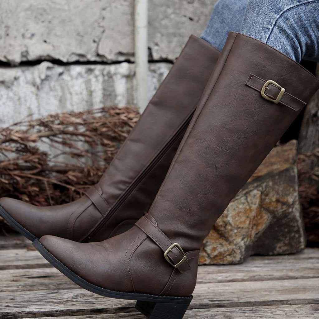 Women's Knee-High Riding Boots, Low Heel Tall Boots with Antique Gold Buckle Straps and Zip