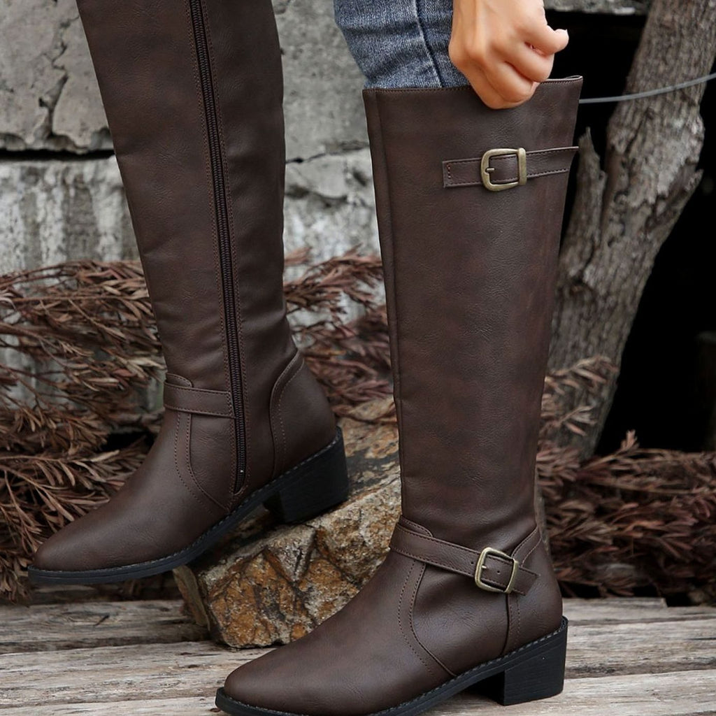 Women's Knee-High Riding Boots, Low Heel Tall Boots with Antique Gold Buckle Straps and Zip