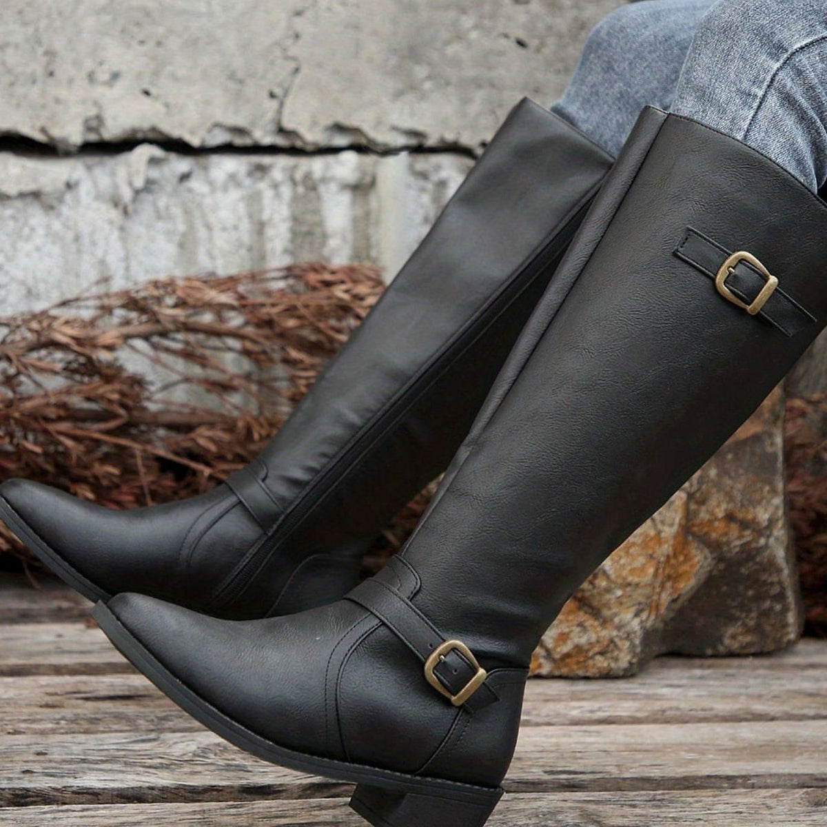 Women's Knee-High Riding Boots, Low Heel Tall Boots with Antique Gold Buckle Straps and Zip