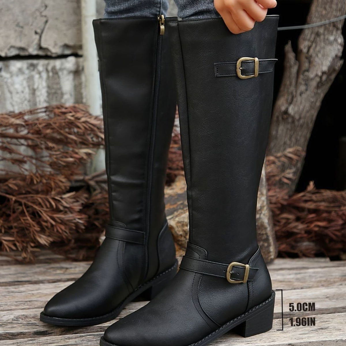 Women's Knee-High Riding Boots, Low Heel Tall Boots with Antique Gold Buckle Straps and Zip