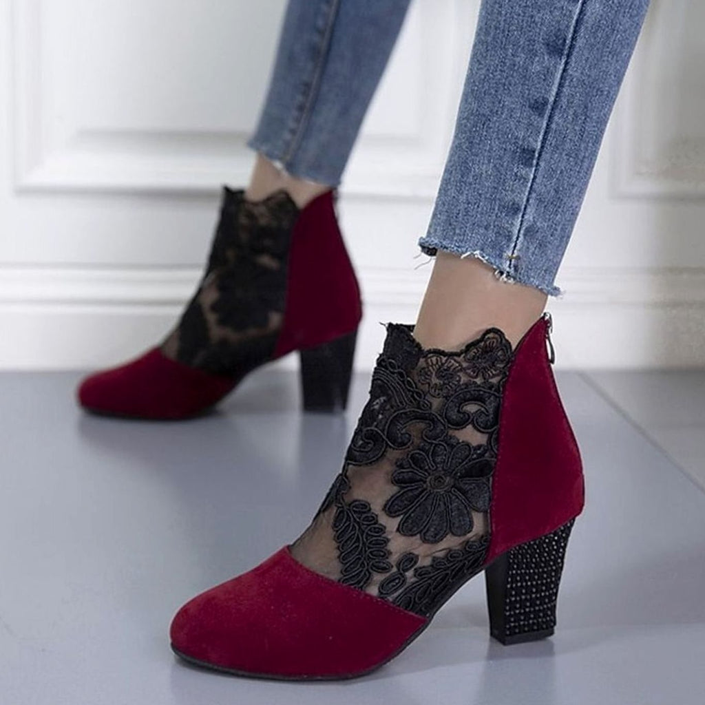 Women's Lace Overlay Block Heel Ankle Boots, Suede Panel Back Zip Booties