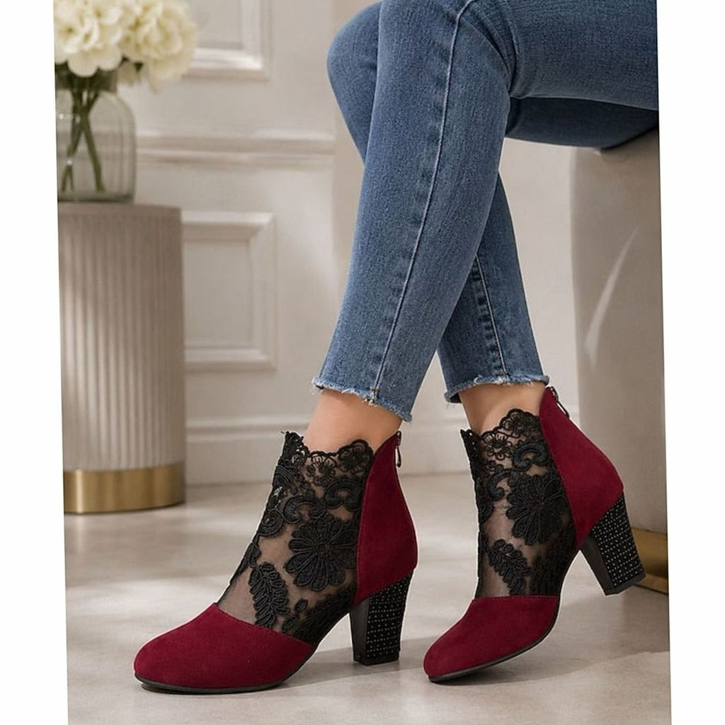 Women's Lace Overlay Block Heel Ankle Boots, Suede Panel Back Zip Booties