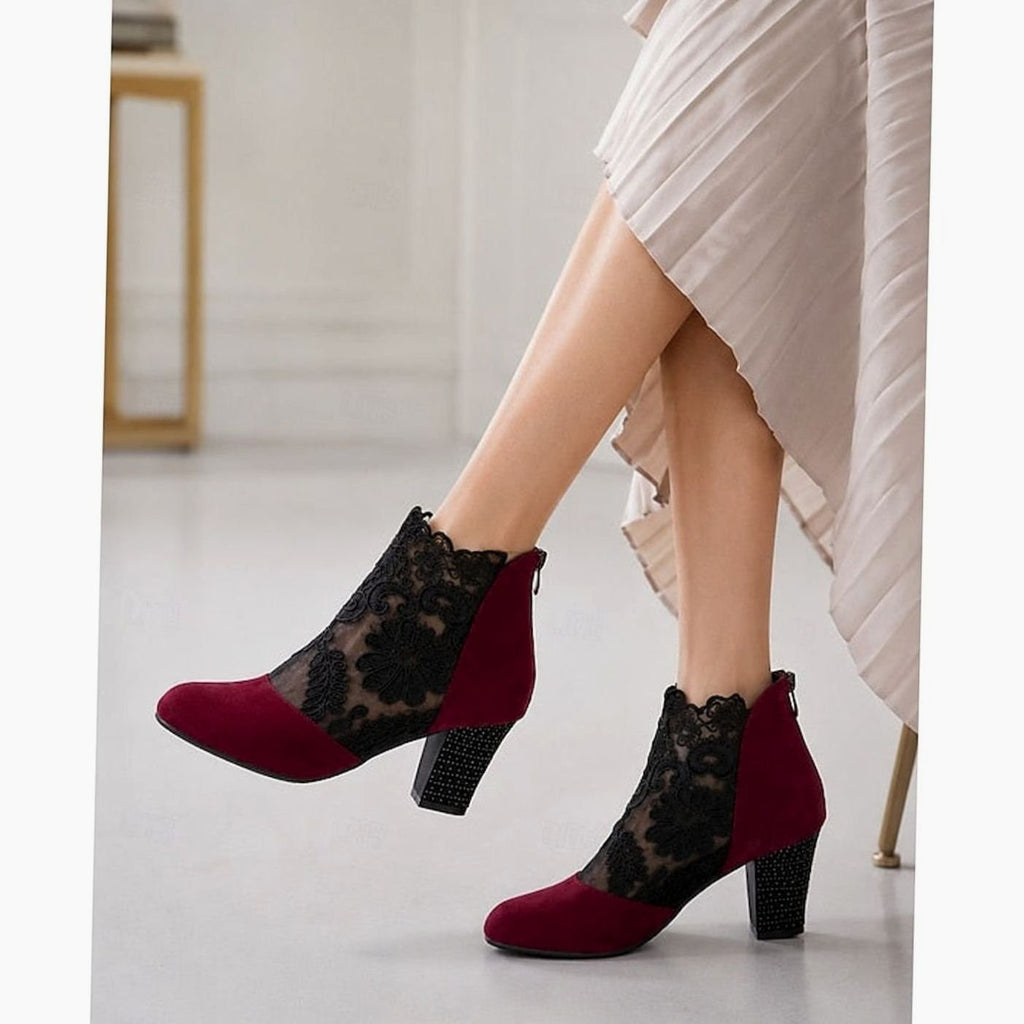 Women's Lace Overlay Block Heel Ankle Boots, Suede Panel Back Zip Booties