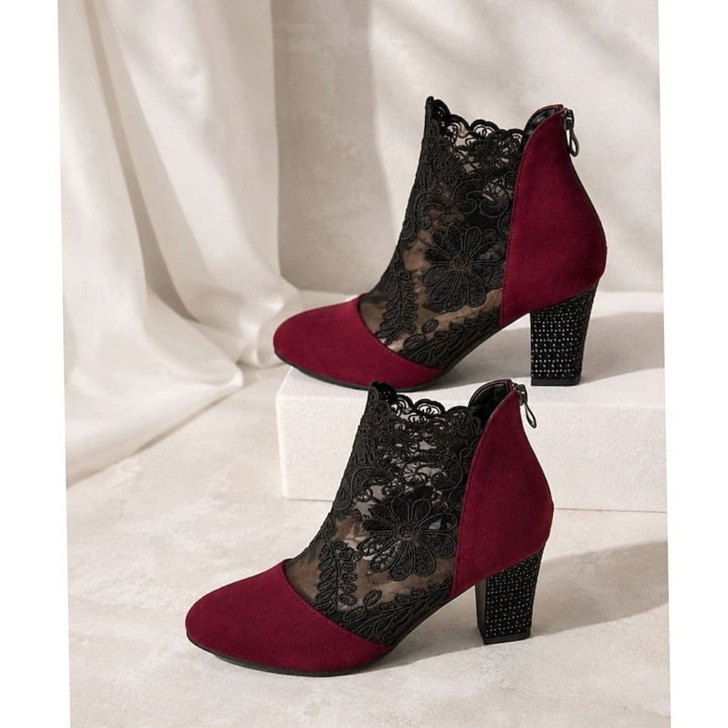 Women's Lace Overlay Block Heel Ankle Boots, Suede Panel Back Zip Booties