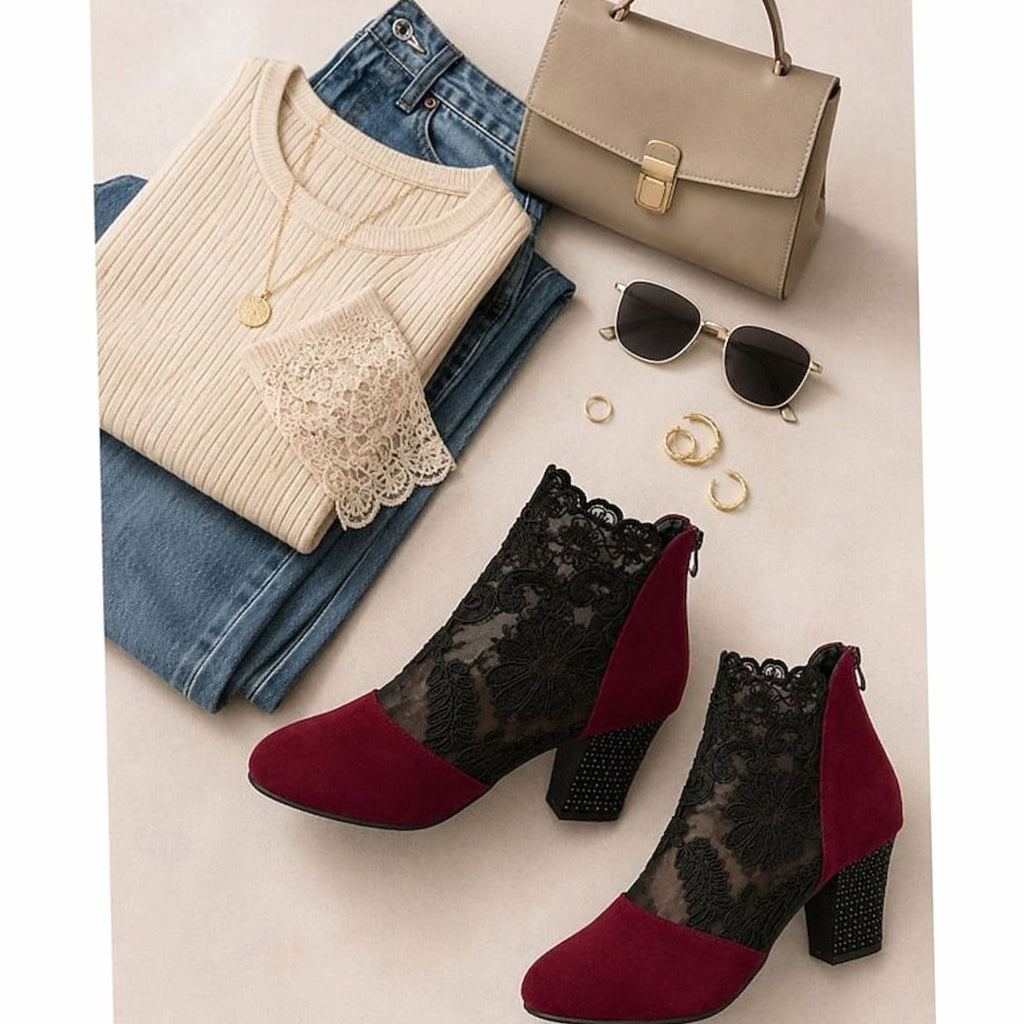Women's Lace Overlay Block Heel Ankle Boots, Suede Panel Back Zip Booties