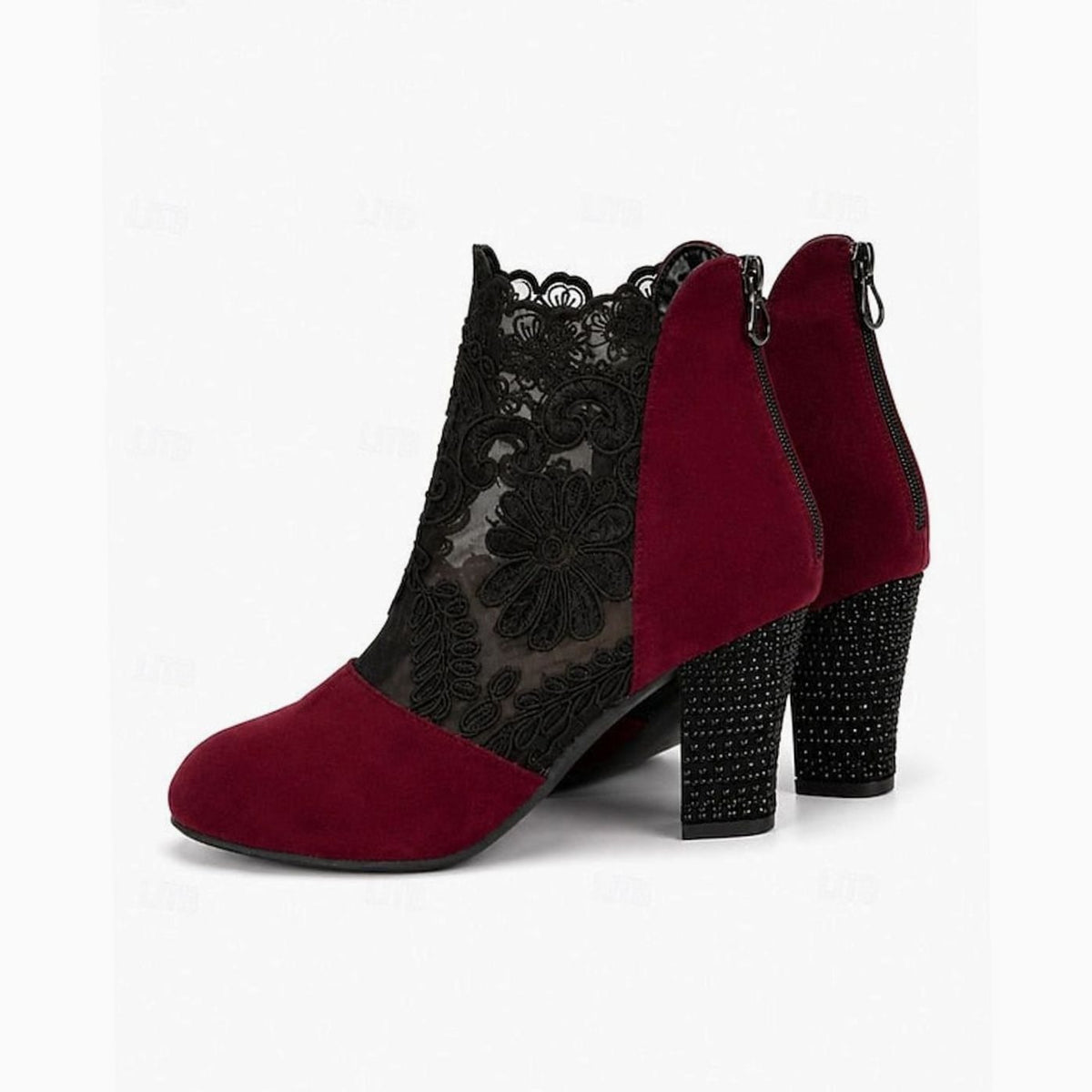 Women's Lace Overlay Block Heel Ankle Boots, Suede Panel Back Zip Booties