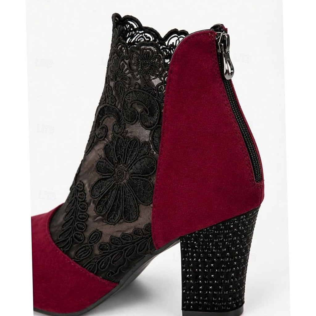 Women's Lace Overlay Block Heel Ankle Boots, Suede Panel Back Zip Booties