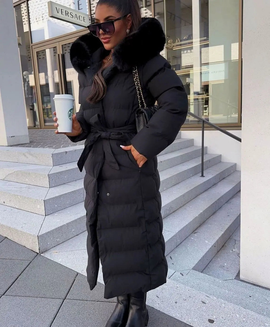 Women's Long Puffer Coat with Faux Fur Hood, Belted Quilted Maxi Winter Coat