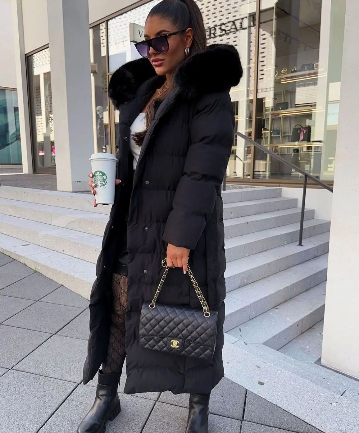 Women's Long Puffer Coat with Faux Fur Hood, Belted Quilted Maxi Winter Coat