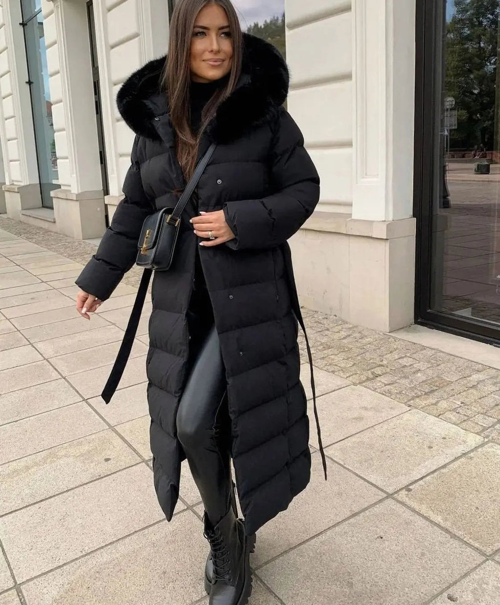 Women's Long Puffer Coat with Faux Fur Hood, Belted Quilted Maxi Winter Coat