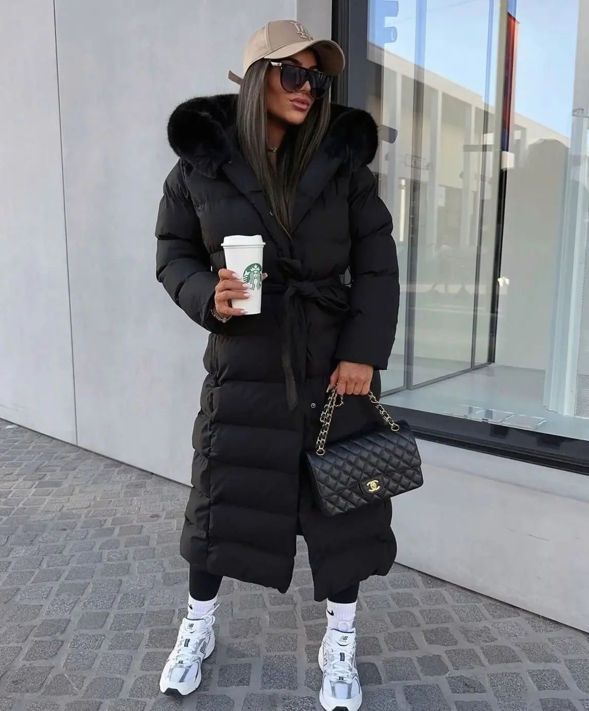 Women's Long Puffer Coat with Faux Fur Hood, Belted Quilted Maxi Winter Coat