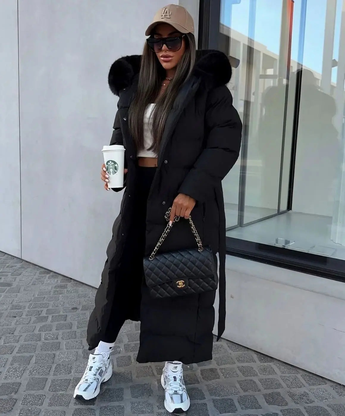 Women's Long Puffer Coat with Faux Fur Hood, Belted Quilted Maxi Winter Coat