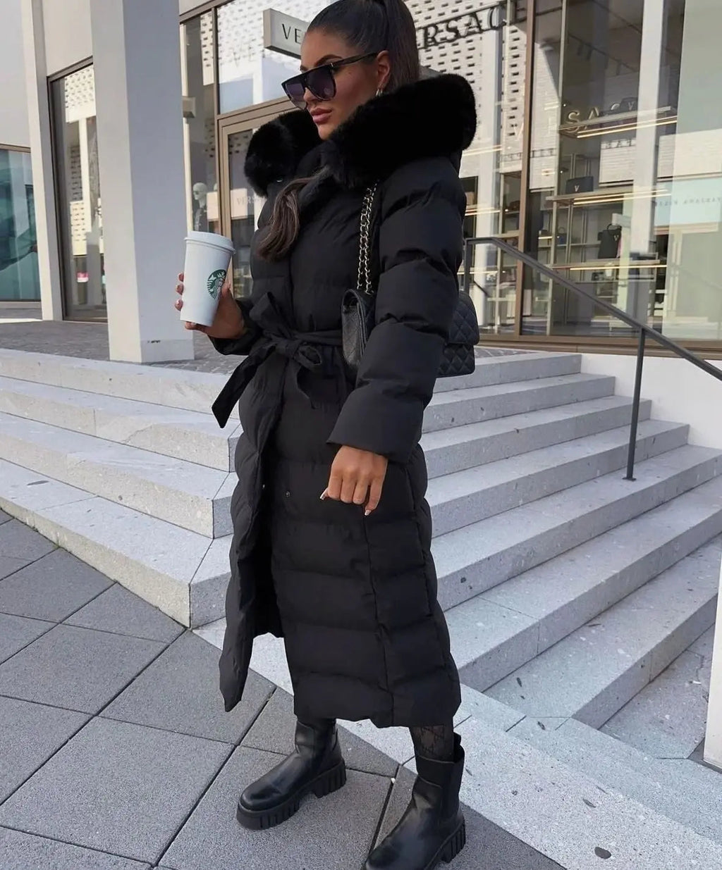 Women's Long Puffer Coat with Faux Fur Hood, Belted Quilted Maxi Winter Coat