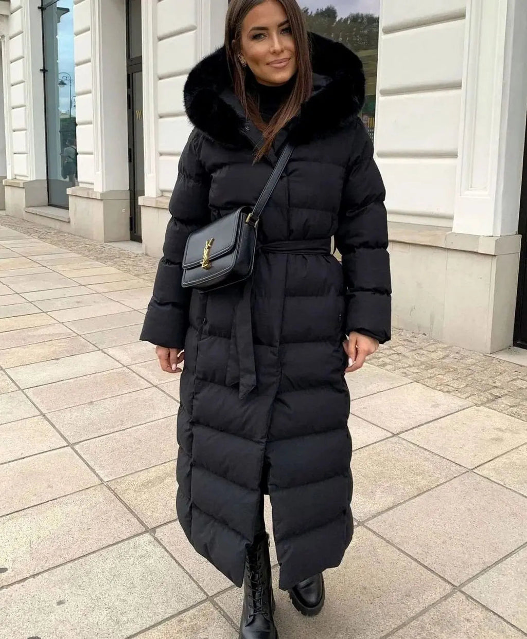 Women's Long Puffer Coat with Faux Fur Hood, Belted Quilted Maxi Winter Coat